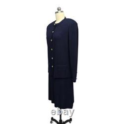 Ensemble de veste et robe St. John pour femmes 10 12 en tricot côtelé bleu marine avec boutons dorés
