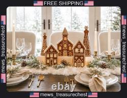 Ensemble décoratif de Noël avec maison en pain d’épices en céramique, bougies chauffe-plat LED et sapins