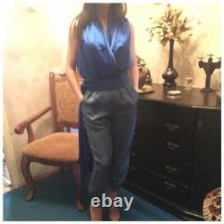 Ensemble haut et pantalon drapé en soie bleu sarcelle taille 4 H18