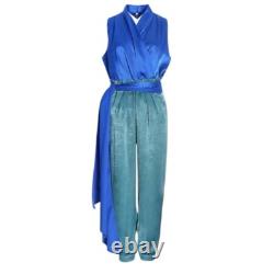 Ensemble haut et pantalon drapé en soie bleu sarcelle taille 4 H18