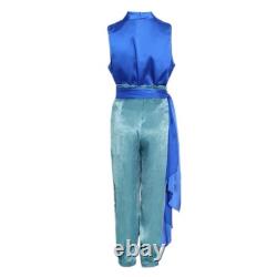 Ensemble haut et pantalon drapé en soie bleu sarcelle taille 4 H18