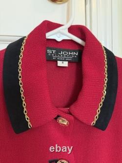 Ensemble jupe 2 pièces en tricot Red Santana de la collection St. John avec bordure chaîne dorée, taille 4
