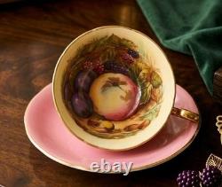 Ensemble tasse et soucoupe rose Aynsley, intérieur à fruits du verger, signé D. Jones, vintage
