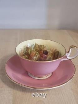 Ensemble tasse et soucoupe rose Aynsley, intérieur à fruits du verger, signé D. Jones, vintage