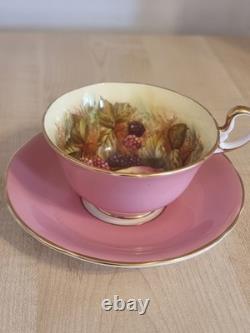 Ensemble tasse et soucoupe rose Aynsley, intérieur à fruits du verger, signé D. Jones, vintage