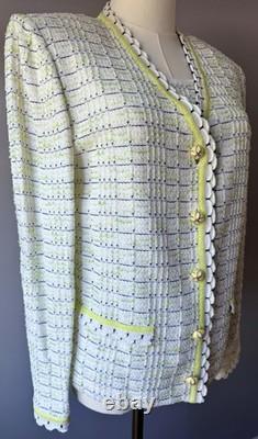 Ensemble veste de costume en maille St John Collection, taille 10 L, blanc, citron vert, marine