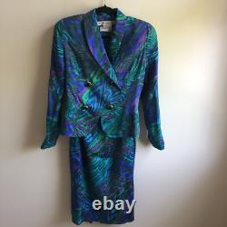 Ensemble veste et jupe Anne Crimmins UMI Collections pour femmes 6 soie bleu vert rétro années 80