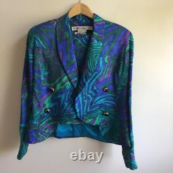Ensemble veste et jupe Anne Crimmins UMI Collections pour femmes 6 soie bleu vert rétro années 80