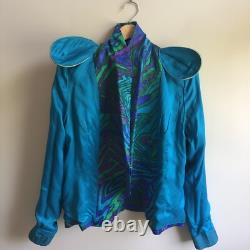 Ensemble veste et jupe Anne Crimmins UMI Collections pour femmes 6 soie bleu vert rétro années 80
