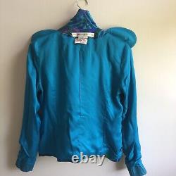 Ensemble veste et jupe Anne Crimmins UMI Collections pour femmes 6 soie bleu vert rétro années 80