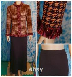 Ensemble veste et jupe St John Collection, tailles 14 et 12, violet et jaune, 2 pièces, à franges, multicolore