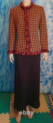 Ensemble veste et jupe St John Collection, tailles 14 et 12, violet et jaune, 2 pièces, à franges, multicolore