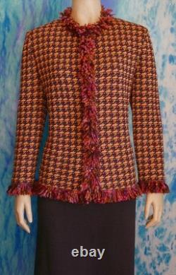 Ensemble veste et jupe St John Collection, tailles 14 et 12, violet et jaune, 2 pièces, à franges, multicolore