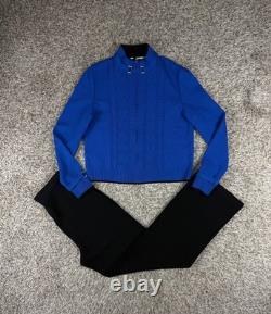 Ensemble veste zippée bleue en maille et pantalon noir en maille St. John Collection Santana, taille 6 USA
