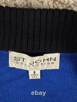 Ensemble veste zippée bleue en maille et pantalon noir en maille St. John Collection Santana, taille 6 USA