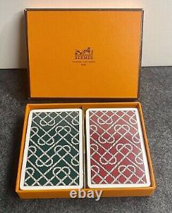 Ensemble vintage Hermès Paris de deux jeux de cartes à jouer en forme de cœur avec corde dans leur boîte originale SCÉLLÉE