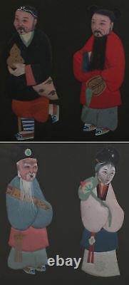 Figurines en soie appliquée chinoises. Deux ensembles de figures traditionnelles.