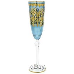 Glassofvenice Ensemble De Deux En Verre De Murano Champagne Flutes 24k Feuille D'or Bleu