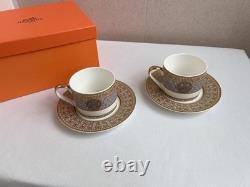 Hermès Mosaïque au 24 Grand Logo Or Ensemble de 2 tasses et sous-tasses à café et à thé en porcelaine
