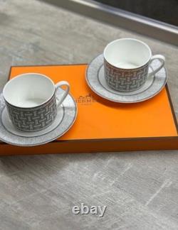 Hermès Mosaïque au 24 Platine Gris Porcelaine Tasse à café et à thé avec soucoupe, lot de 2