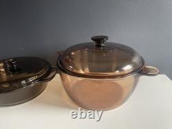 Lot de batterie de cuisine vintage ambrée Corning Visions 4,5 L cocotte en fonte Anchor Ovenware 6 pièces
