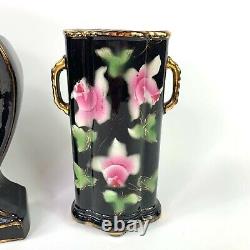 Mantelpiece Set Peint Chine Horloge W Deux Vases Noir Rose Roses 30s Vtg Angleterre