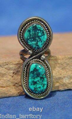 Navajo Sterling Silver Ring With Two Turquoise Settings C. 1970 Taille 7