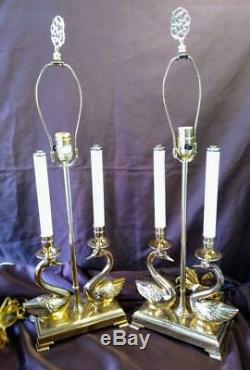 Paire De Deux 2 Set Double Laiton Cygnes Figural Lampes De Table Vintage Lighting Swan