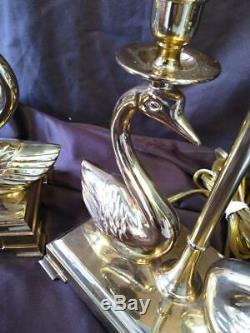 Paire De Deux 2 Set Double Laiton Cygnes Figural Lampes De Table Vintage Lighting Swan