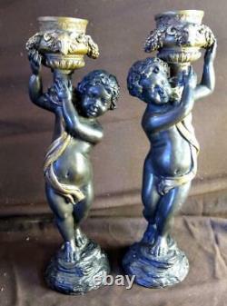 Paire De Deux Chandeliers En Bronze Cherub Puti Statues Figuratives Art Sculpture Set