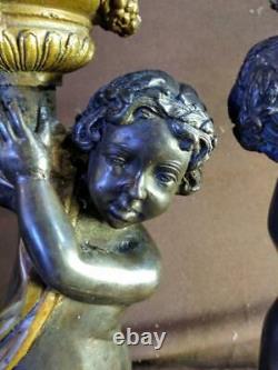 Paire De Deux Chandeliers En Bronze Cherub Puti Statues Figuratives Art Sculpture Set