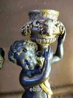 Paire De Deux Chandeliers En Bronze Cherub Putti Statues Figuratives Art Sculpture Set