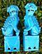 Paire Ensemble De Deux 2 Bouddhistes Foo Fu Chiens Chinois Lions Statues Blue Glaze Chine