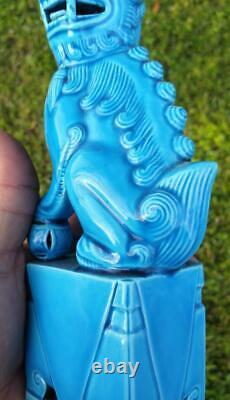 Paire Ensemble De Deux 2 Bouddhistes Foo Fu Chiens Chinois Lions Statues Blue Glaze Chine