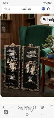 Panneaux muraux asiatiques en stéatite chinoiserie vintage laque/nacre, lot de 2 -24H