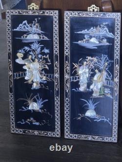 Panneaux muraux asiatiques en stéatite chinoiserie vintage laque/nacre, lot de 2 -24H