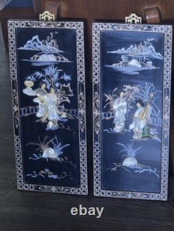 Panneaux muraux asiatiques en stéatite chinoiserie vintage laque/nacre, lot de 2 -24H