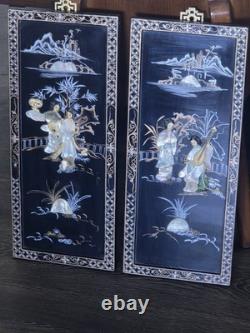 Panneaux muraux asiatiques en stéatite chinoiserie vintage laque/nacre, lot de 2 -24H