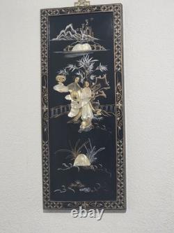 Panneaux muraux asiatiques en stéatite chinoiserie vintage laque/nacre, lot de 2 -24H