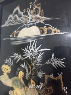 Panneaux muraux asiatiques en stéatite chinoiserie vintage laque/nacre, lot de 2 -24H