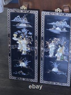 Panneaux muraux asiatiques en stéatite chinoiserie vintage laque/nacre, lot de 2 -24H