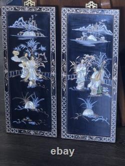Panneaux muraux asiatiques en stéatite chinoiserie vintage laque/nacre, lot de 2 -24H