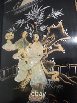 Panneaux muraux asiatiques en stéatite chinoiserie vintage laque/nacre, lot de 2 -24H