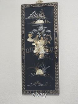 Panneaux muraux asiatiques en stéatite chinoiserie vintage laque/nacre, lot de 2 -24H