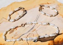 Parure de collier à deux rangs, bracelet et boucles d’oreilles en perles d’eau douce véritables et neuves