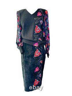 RARE Anne Crimmins pour UMI Collections Pull/Jupe en cuir avec appliqué floral