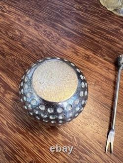 Service de bar vintage en métal argenté lourd avec balles de golf et 5 fourchettes apéritives en forme de clubs de golf