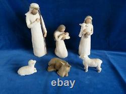 Set De Nativité D'arbre De Saule, Figures Peintes À La Main Mary, Joseph, Donkey & Two Sheep