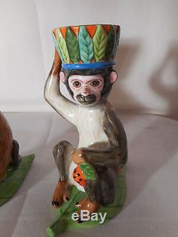 Set Of Two 1988 Lynn Chase Designs Monkey Business Thé En Porcelaine Bougeoir