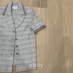 St John Collection USA Ensemble 2 pièces en maille beige sable, chemise et jupe, tailles 16/12